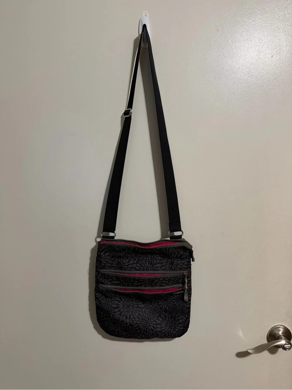 Baggallini Black & Gray Floral Crossbody with Pink Zip Accents